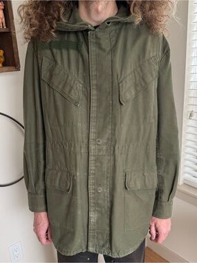 Vintage 80s Belgian M64 Military Hooded Field Parka Olive Green ~ Size Large